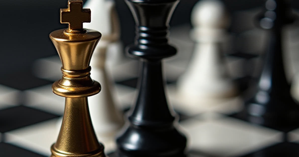 A gold chess king beside black and white pieces at the start of a game
