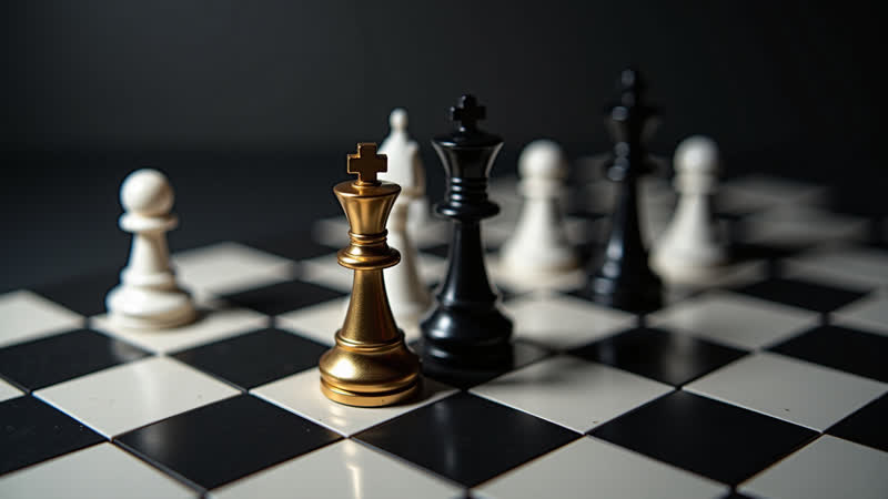 A gold chess king standing among black and white pieces on a chessboard